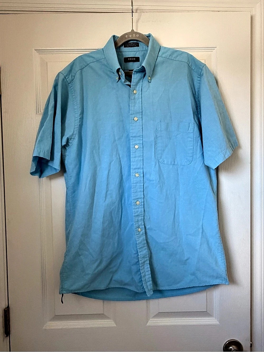 IZOD Mens Large Blue New England Oxford Short Sleeve Button Down Shirt Easy Care